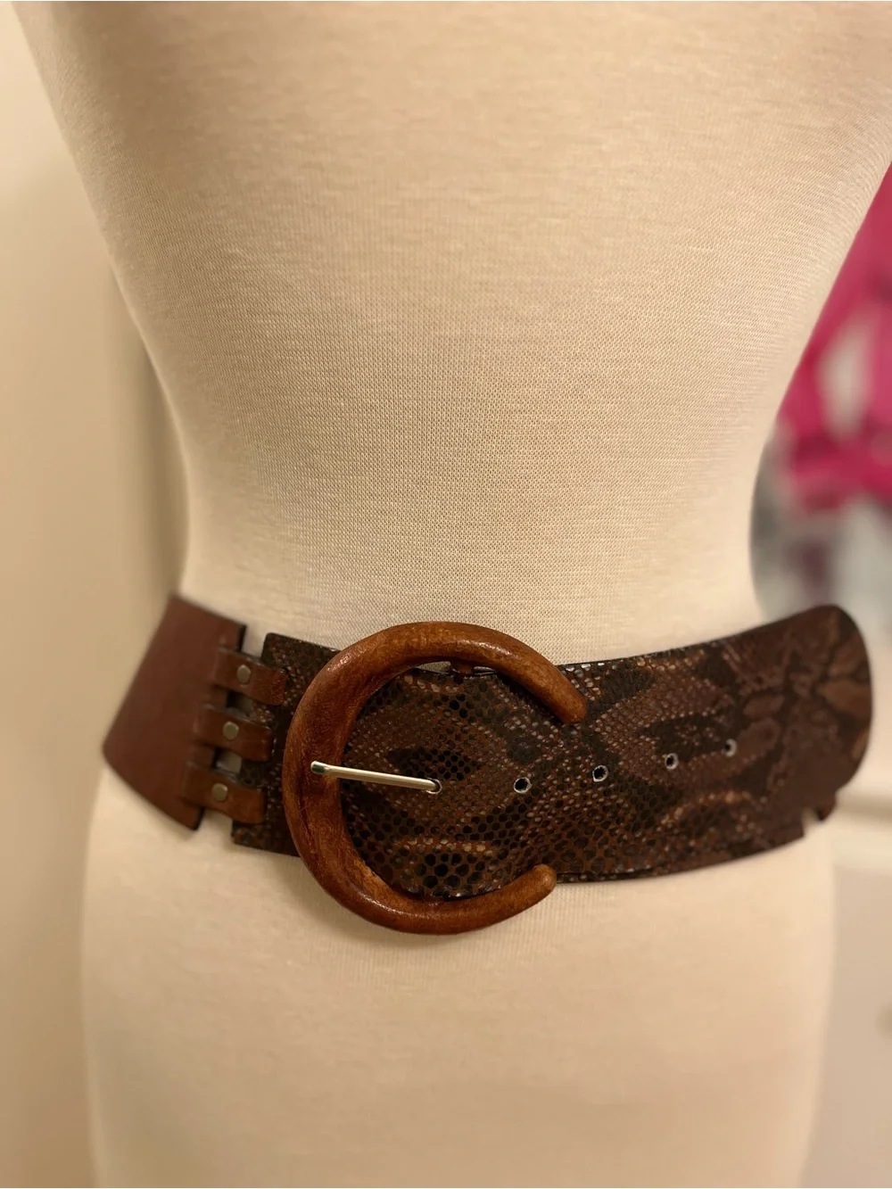DKNY Chestnut Brown Snake-Print Wide Belt with Round Wooden Buckle - Size Large